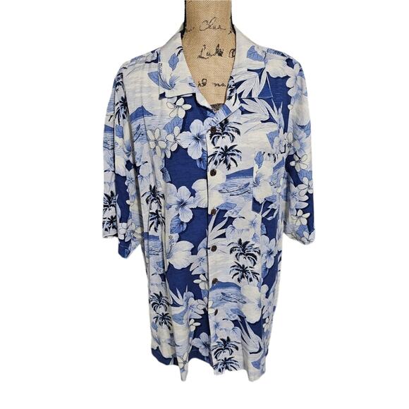 Bermuda Bay Blue and White Hawaiian Floral‎ Tropical 100% Silk Mens Shirt Sz XXL - Picture 1 of 10